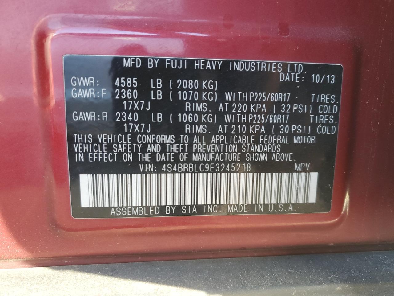 2014 Subaru Outback VIN 4S4BRBLC9E3245218 Copart auction photo, front end / minor dent/scratches damage thumbnail 12