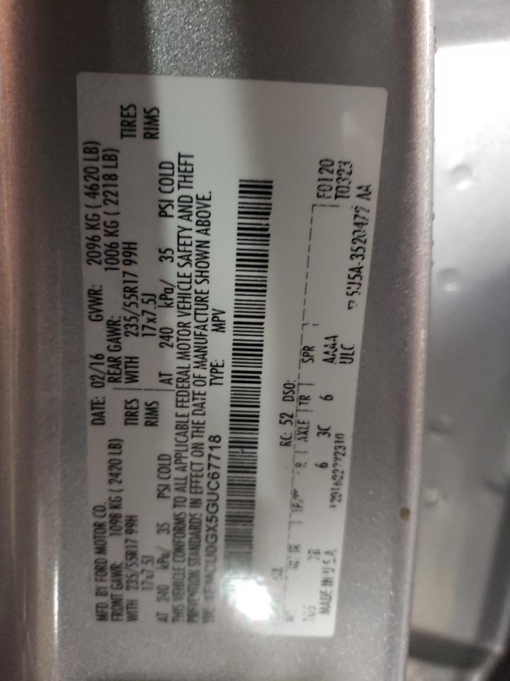 2016 Ford Escape VIN 1FMCU0GX5GUC67718 Copart auction photo, rear end damage thumbnail 12