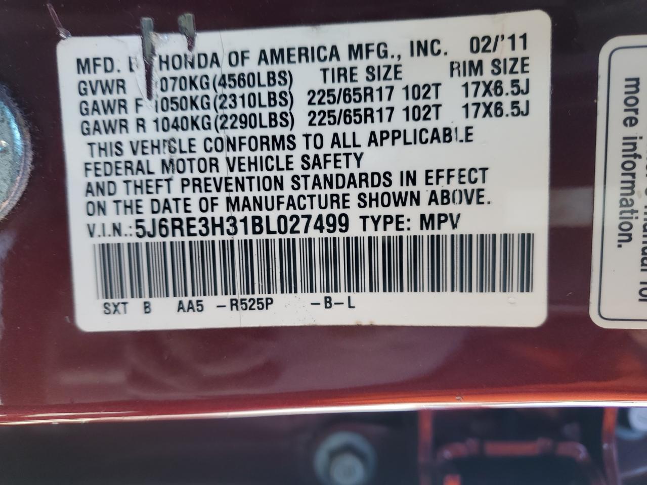 2011 Honda CR-V VIN 5J6RE3H31BL027499 Copart auction photo, rear end damage thumbnail 13