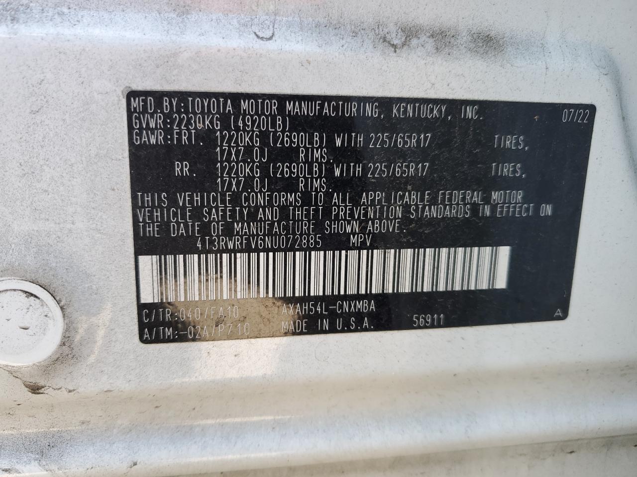 2022 Toyota RAV 4 VIN 4T3RWRFV6NU072885 Copart auction photo, front end damage thumbnail 15