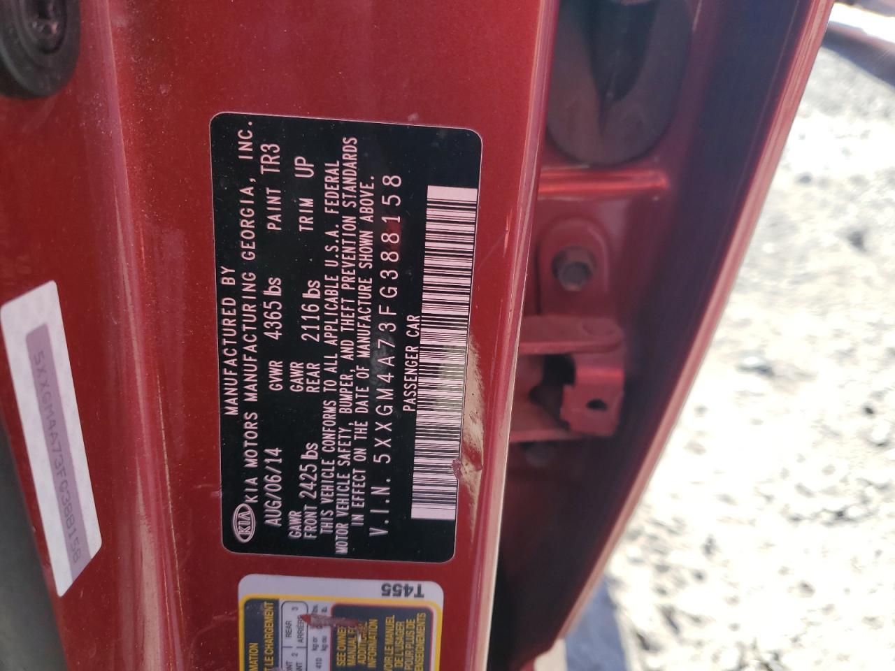 2015 KIA Optima VIN 5XXGM4A73FG388158 Copart auction photo, vandalism damage thumbnail 12