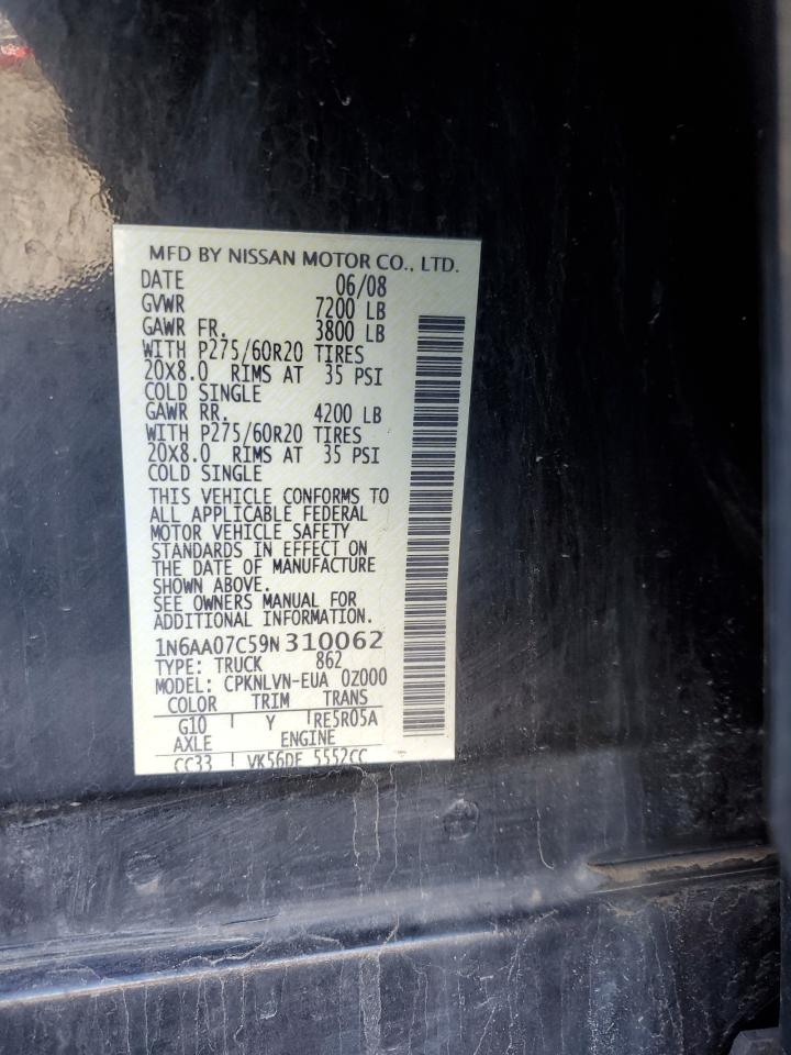 2009 Nissan Titan VIN 1N6AA07C59N310062 Copart auction photo, front end damage thumbnail 13