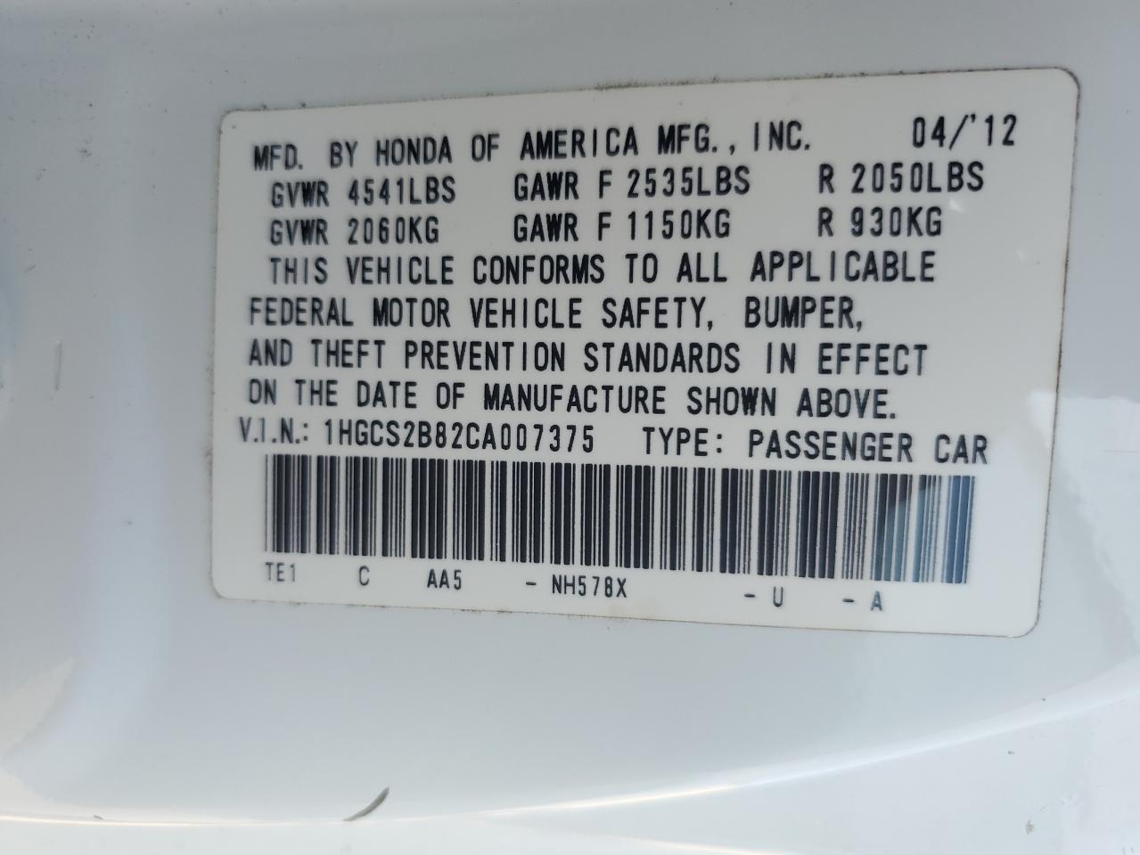 2012 Honda Accord VIN 1HGCS2B82CA007375 Copart auction photo, front end damage thumbnail 12