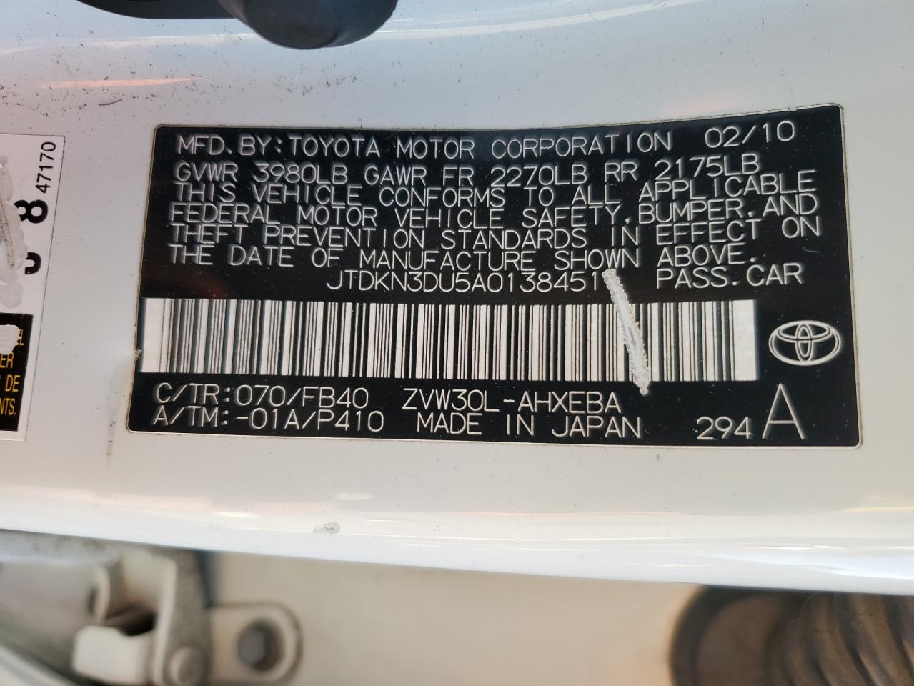 2010 Toyota Prius VIN JTDKN3DU5A0138451 Copart auction photo, front end / rear end damage thumbnail 12