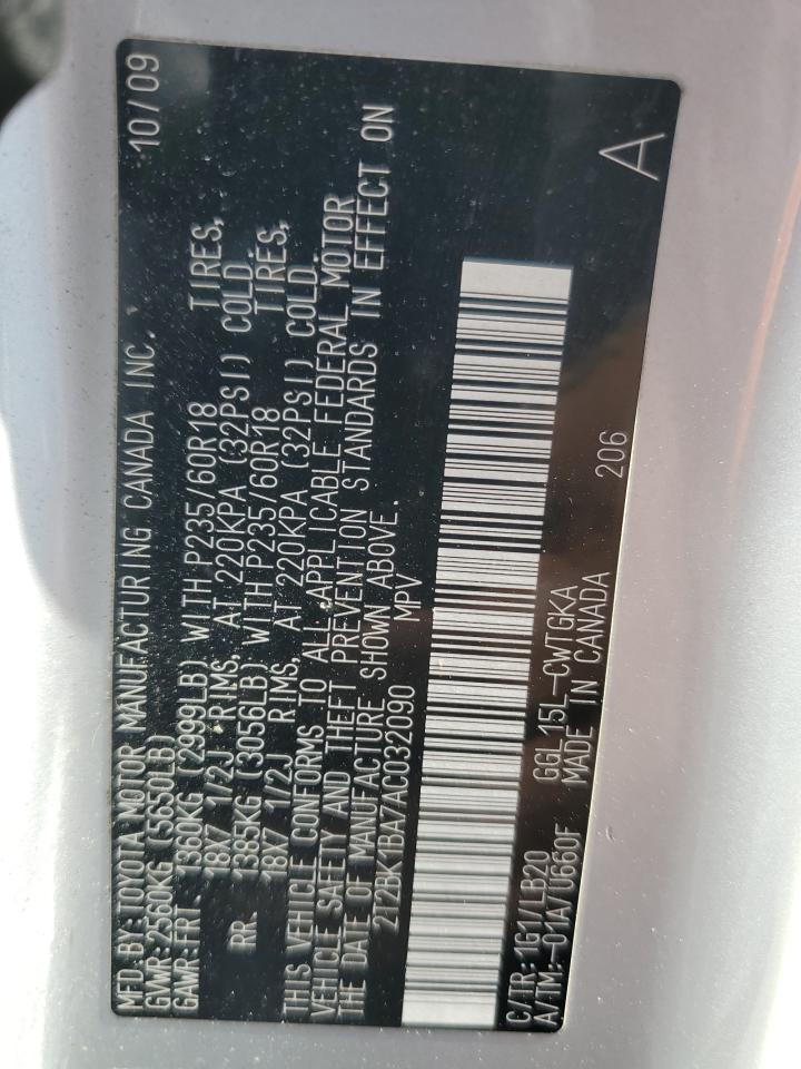 2010 Lexus RX VIN 2T2BK1BA7AC032090 Copart auction photo, front end / side damage thumbnail 15