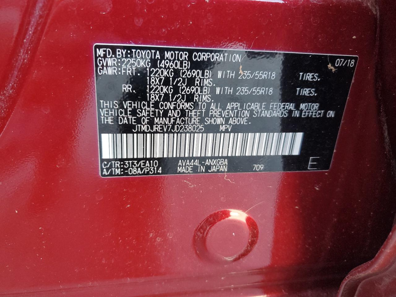 2018 Toyota RAV 4 VIN JTMDJREV7JD238025 Copart auction photo, water/flood damage thumbnail 14