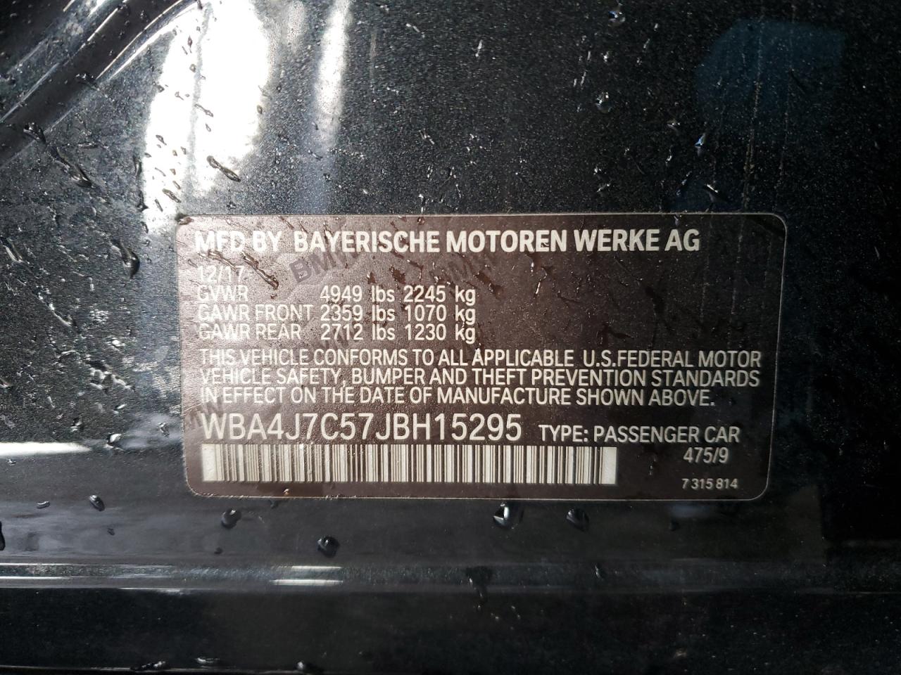 2018 BMW 4er VIN WBA4J7C57JBH15295 Copart auction photo, front end damage thumbnail 12