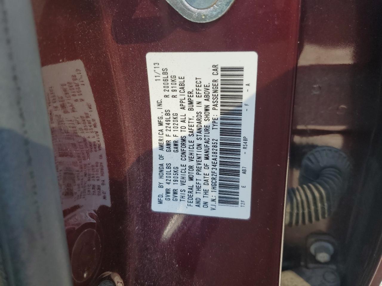 2014 Honda Accord VIN 1HGCR2F34EA082852 Copart auction photo, all over damage thumbnail 12