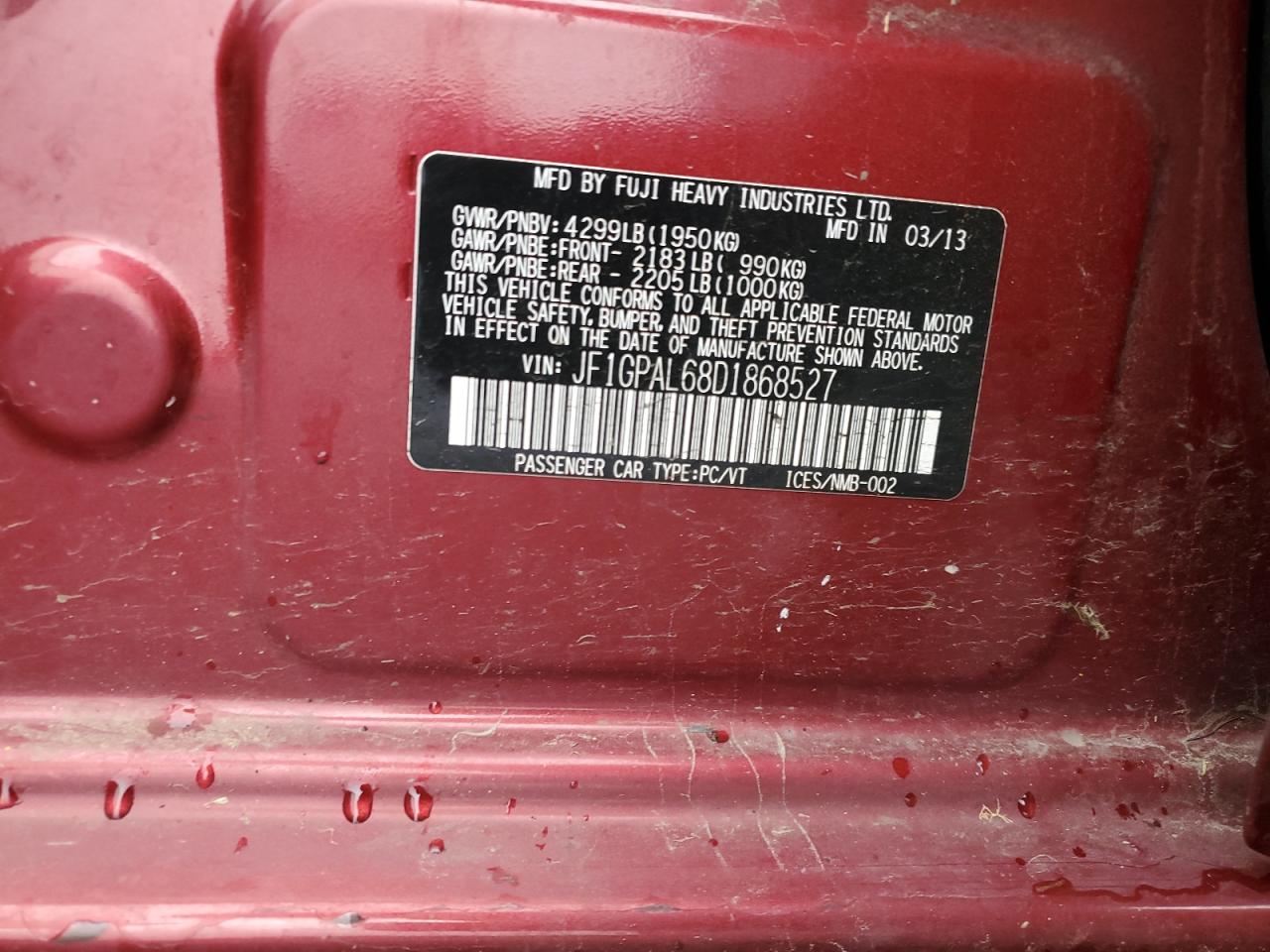 2013 Subaru Impreza VIN JF1GPAL68D1868527 Copart auction photo, front end damage thumbnail 13