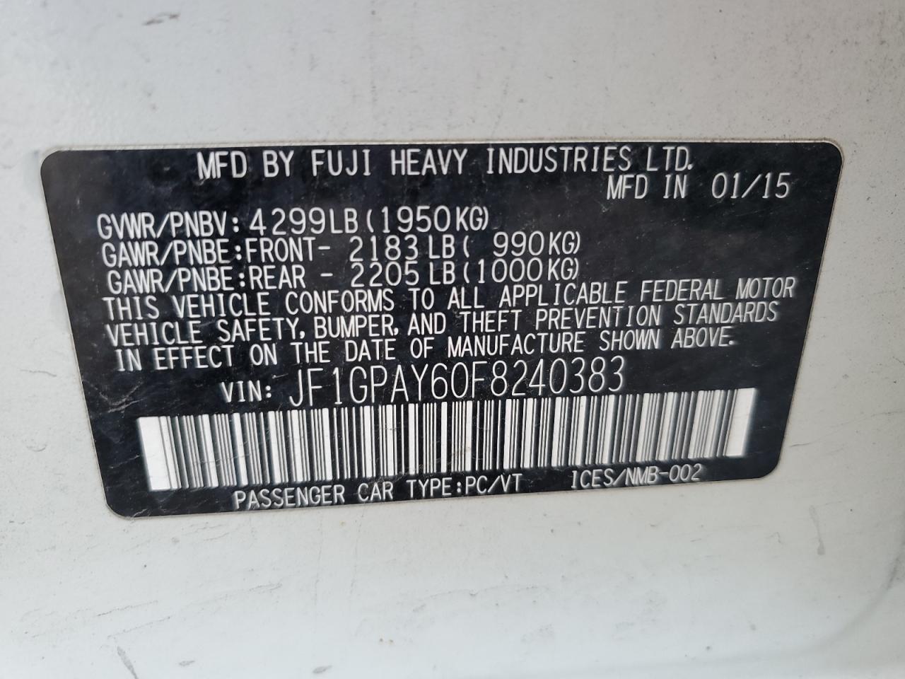 2015 Subaru Impreza VIN JF1GPAY60F8240383 Copart auction photo, side / all over damage thumbnail 12