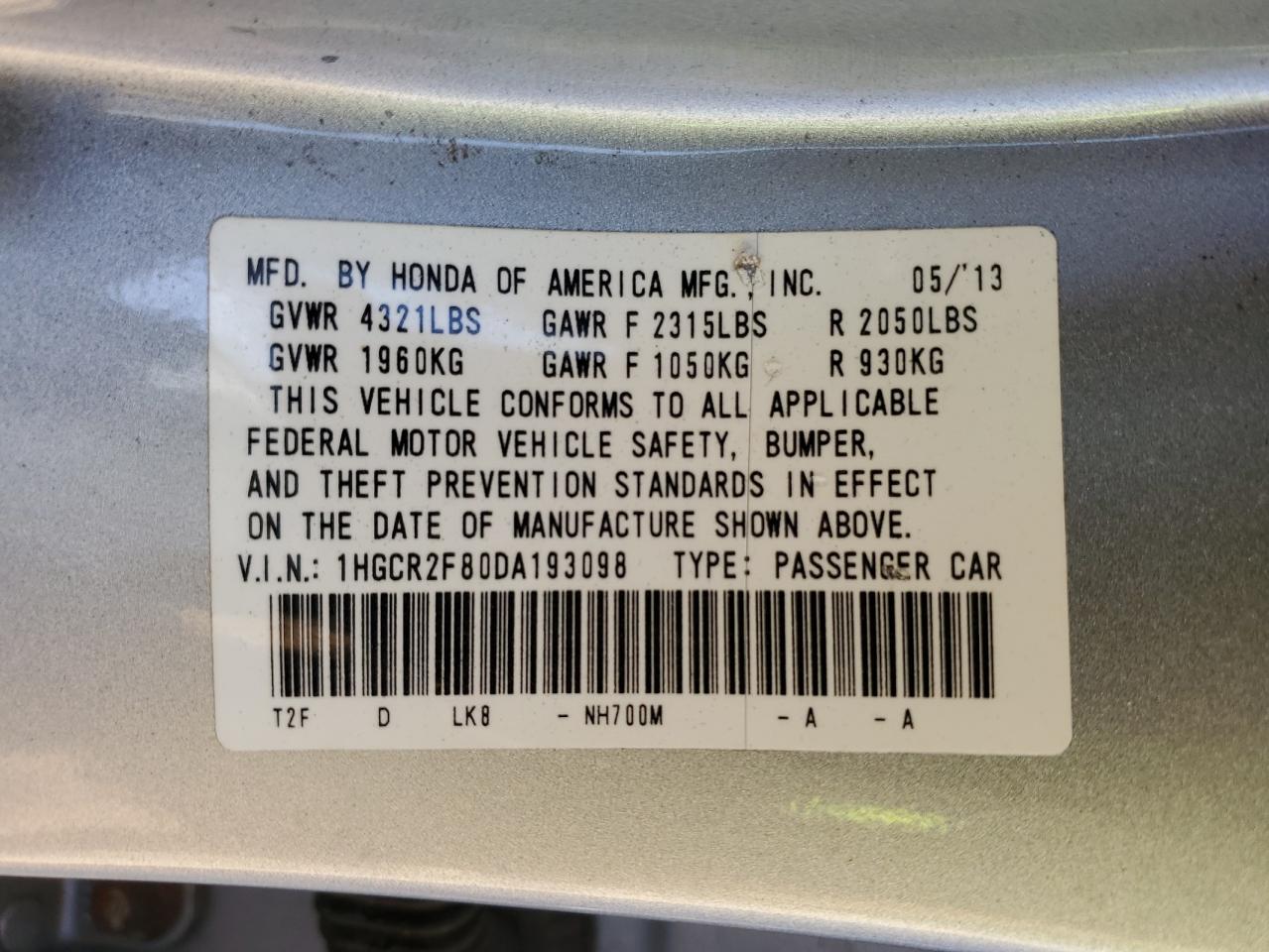2013 Honda Accord VIN 1HGCR2F80DA193098 Copart auction photo, front end / side damage thumbnail 13