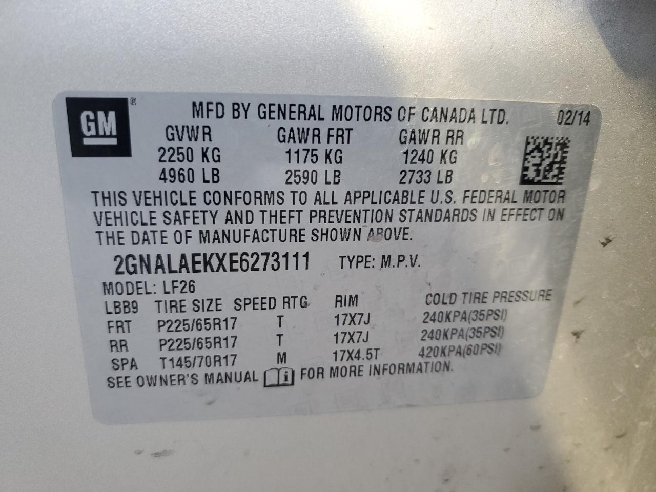 2014 Chevrolet Equinox VIN 2GNALAEKXE6273111 Copart auction photo, front end damage thumbnail 15