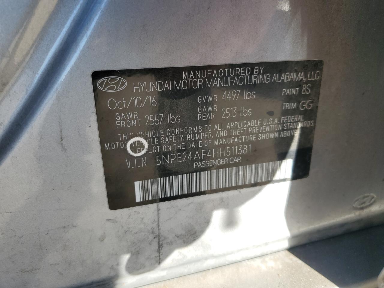 2017 Hyundai Sonata VIN 5NPE24AF4HH511381 Copart auction photo, vandalism damage thumbnail 12