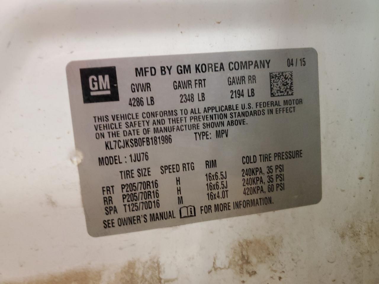 2015 Chevrolet Trax VIN KL7CJKSB0FB181986 Copart auction photo, all over damage thumbnail 12