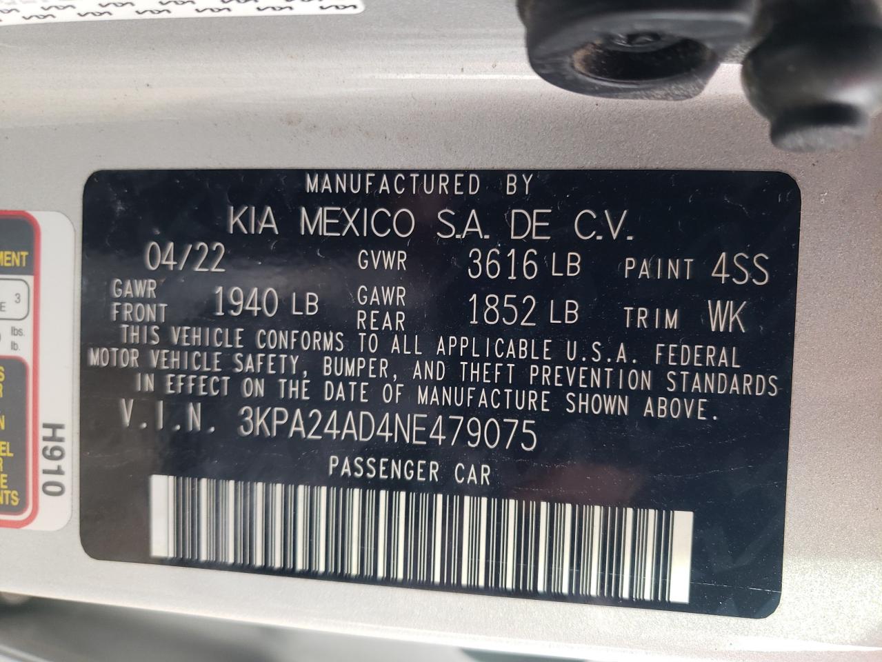 2022 KIA Rio VIN 3KPA24AD4NE479075 Copart auction photo, all over damage thumbnail 13