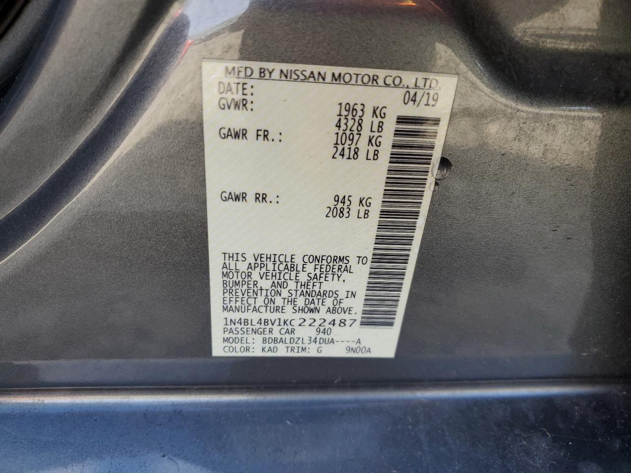 2019 Nissan Altima VIN 1N4BL4BV1KC222487 Copart auction photo, front end damage thumbnail 13