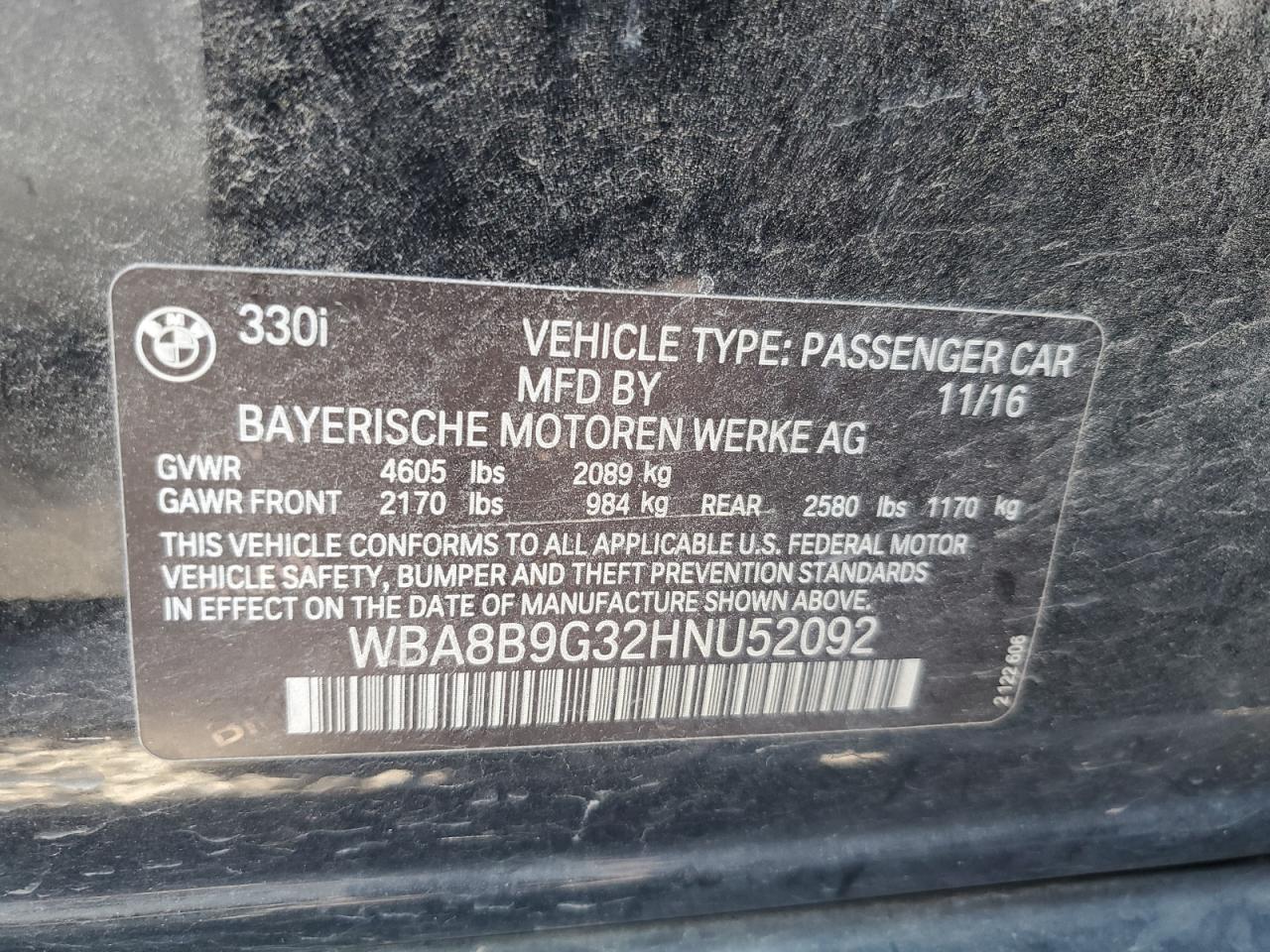 2017 BMW 3er VIN WBA8B9G32HNU52092 Copart auction photo, front end damage thumbnail 12