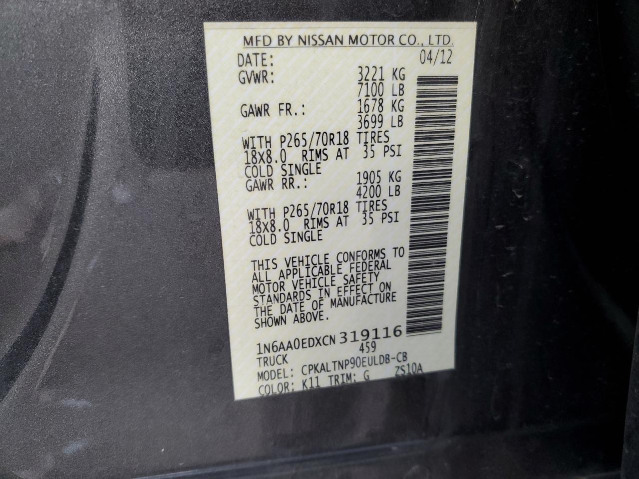 2012 Nissan Titan VIN 1N6AA0EDXCN319116 Copart auction photo, side / front end damage thumbnail 12