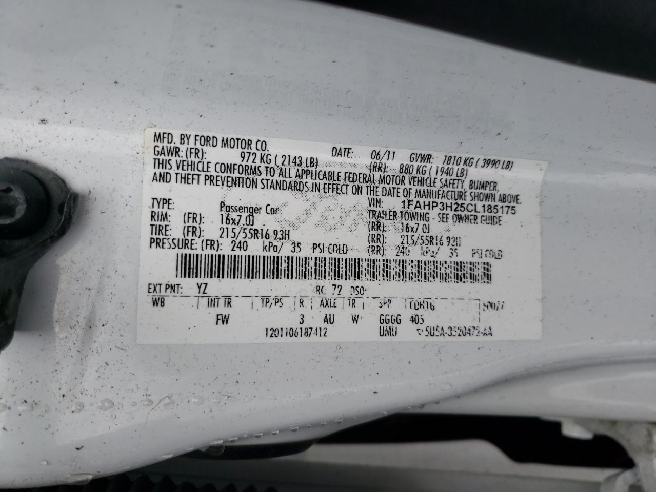 2012 Ford Focus VIN 1FAHP3H25CL185175 Copart auction photo, rear end / front end damage thumbnail 13