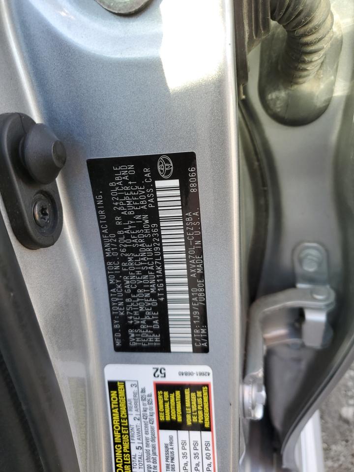 2020 Toyota Camry VIN 4T1G11AK7LU922369 Copart auction photo, rear end / front end damage thumbnail 12