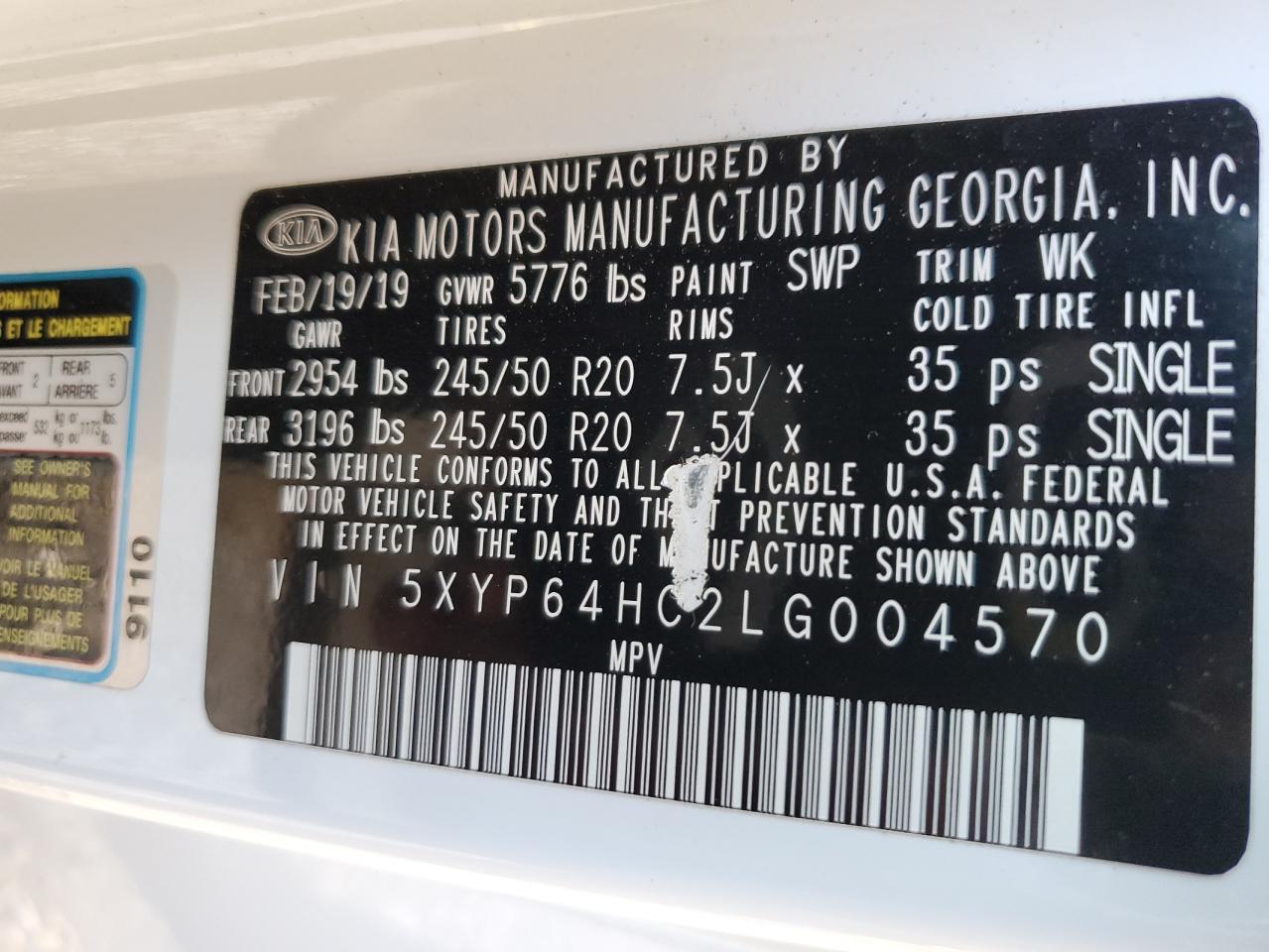 2020 KIA Telluride VIN 5XYP64HC2LG004570 Copart auction photo, top/roof / minor dent/scratches damage thumbnail 13