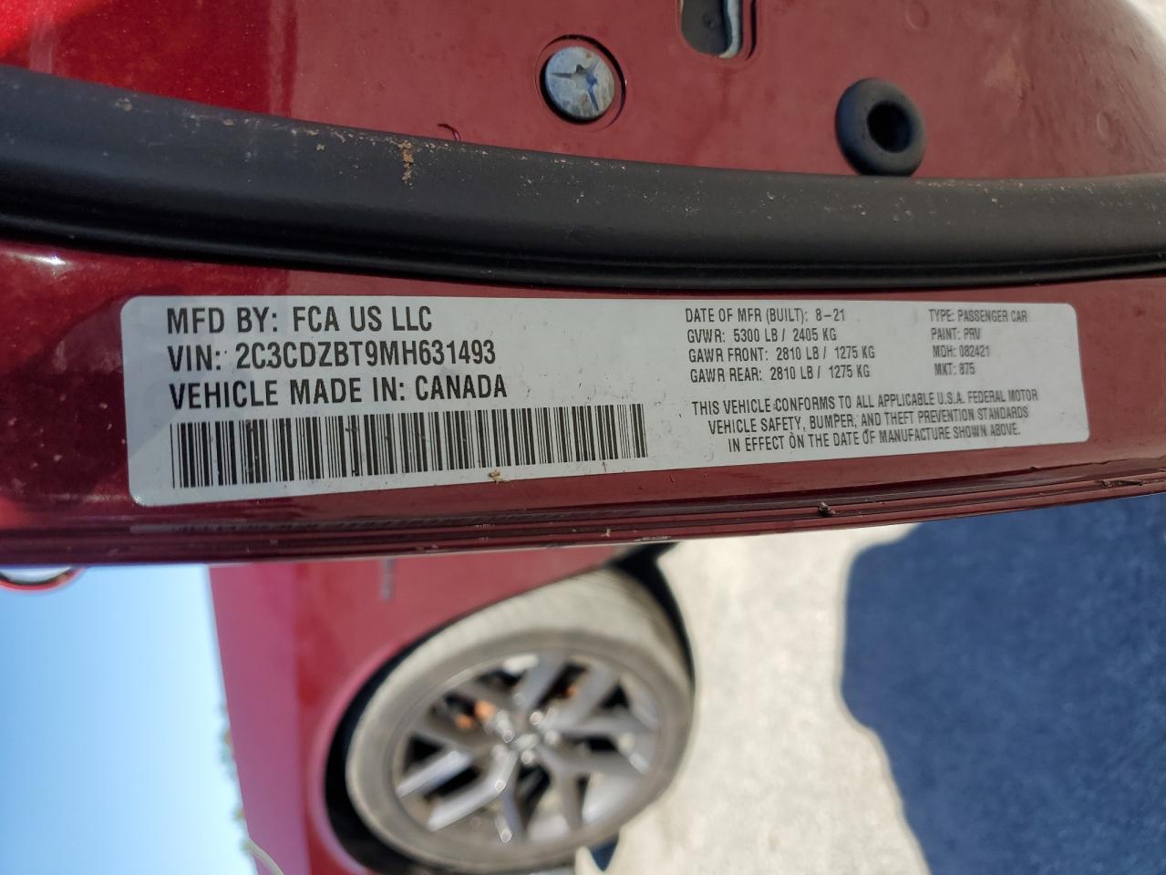 2021 Dodge Challenger VIN 2C3CDZBT9MH631493 Copart auction photo, top/roof damage thumbnail 14