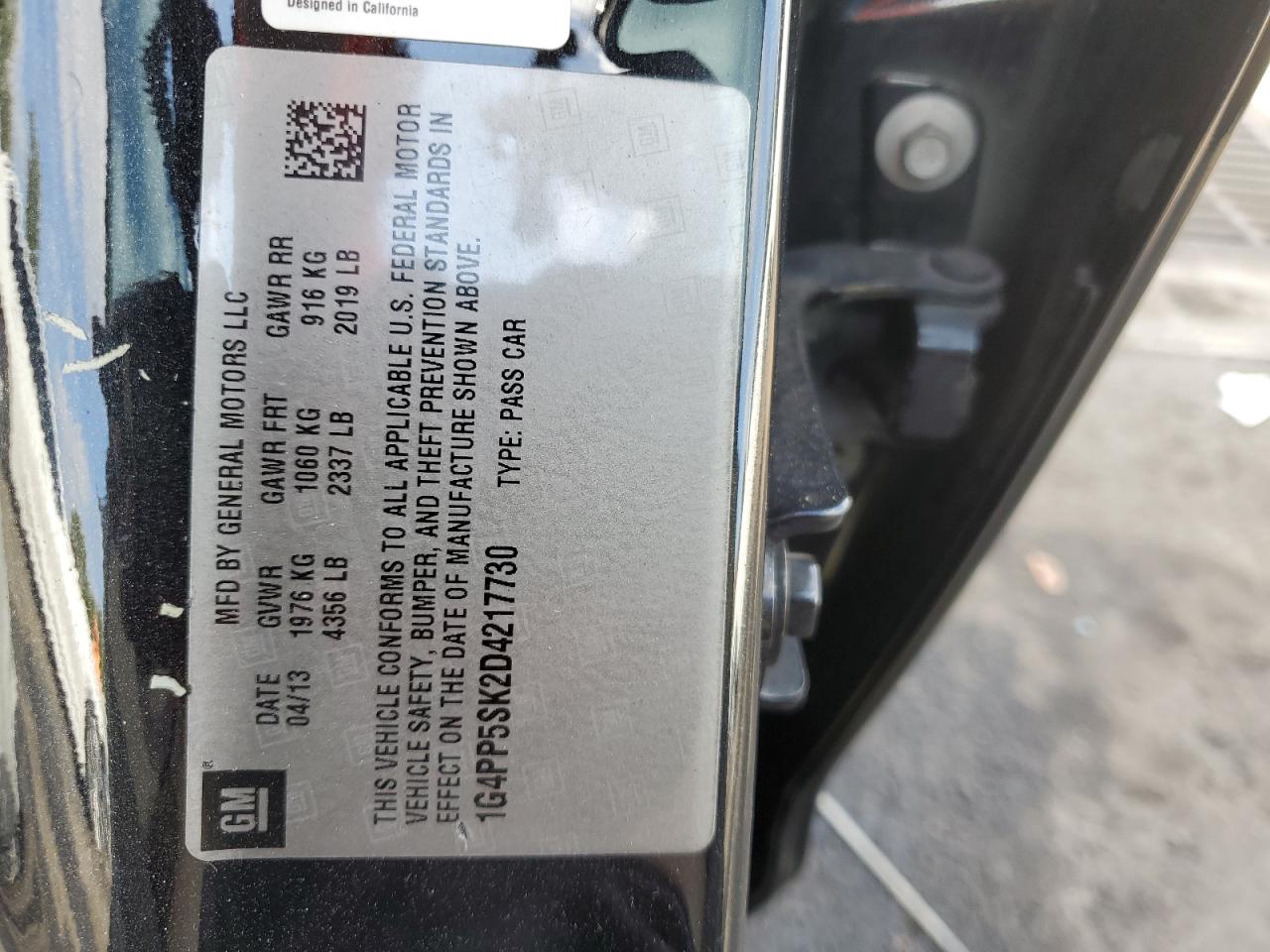 2013 Buick Verano VIN 1G4PP5SK2D4217730 Copart auction photo, rear end / undercarriage damage thumbnail 12
