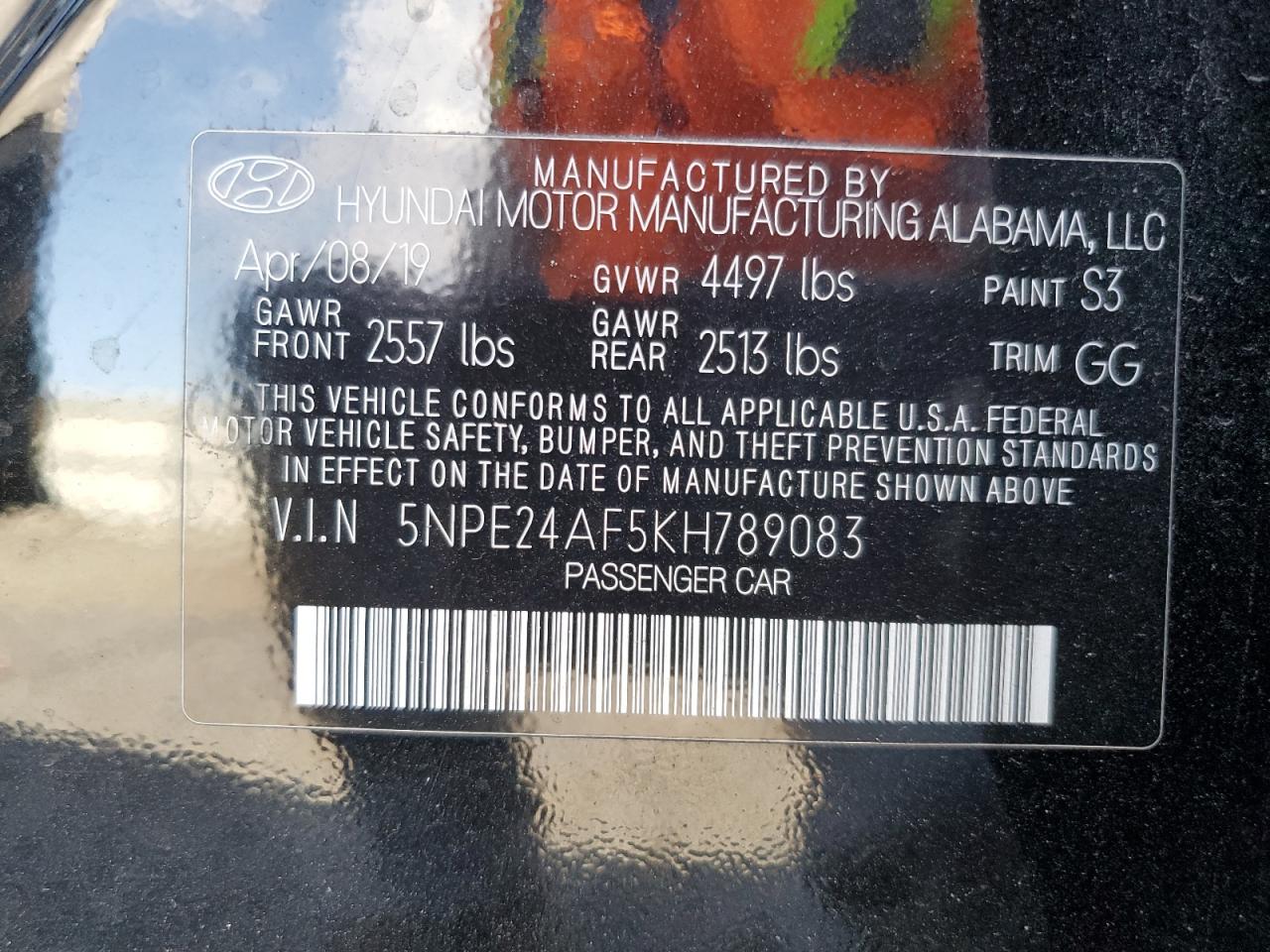 2019 Hyundai Sonata VIN 5NPE24AF5KH789083 Copart auction photo, front end damage thumbnail 15