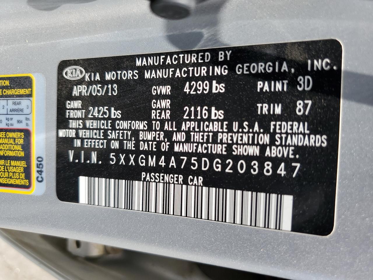 2013 KIA Optima VIN 5XXGM4A75DG203847 Copart auction photo, all over damage thumbnail 12