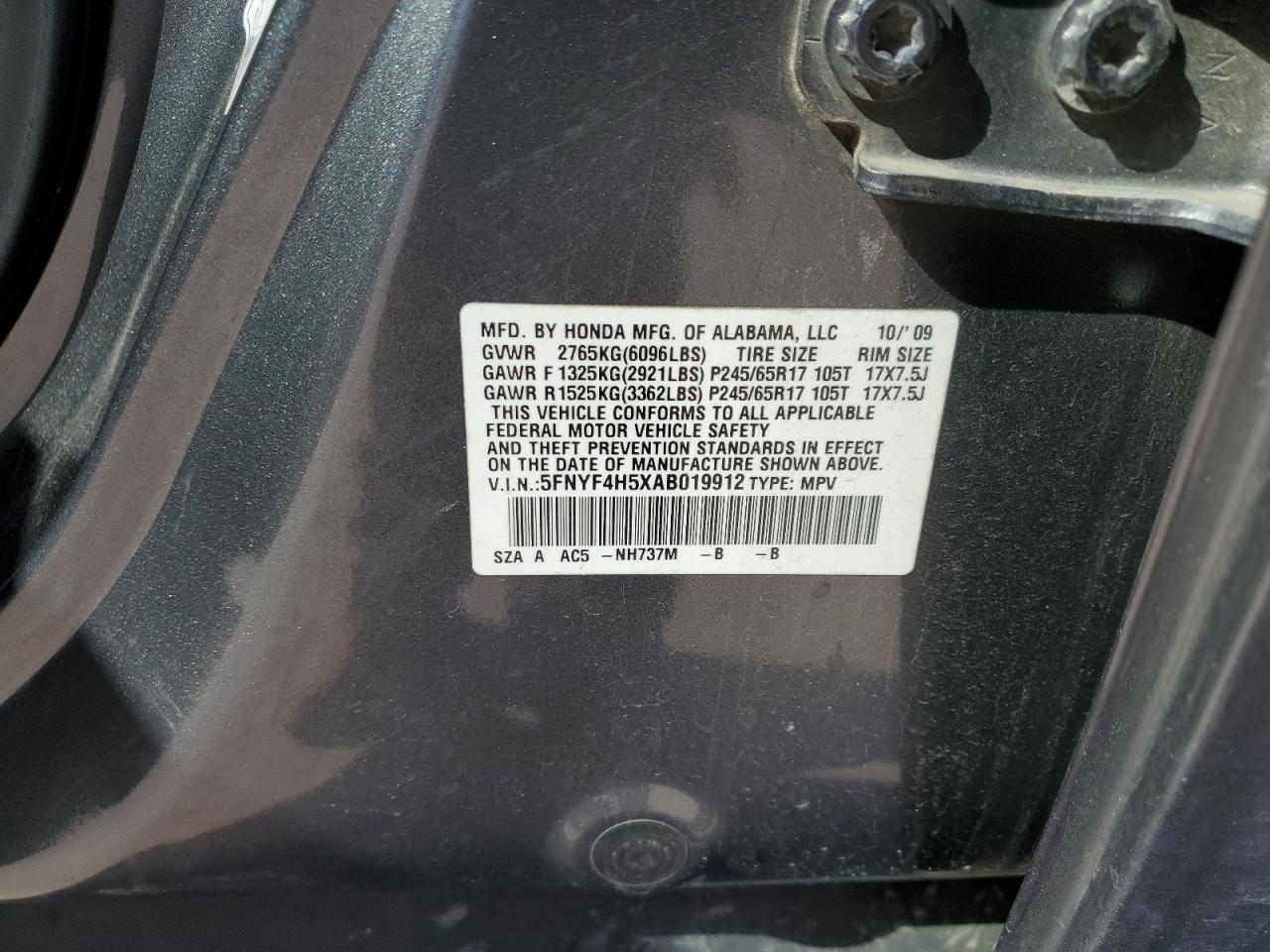 2010 Honda Pilot VIN 5FNYF4H5XAB019912 Copart auction photo, front end damage thumbnail 15