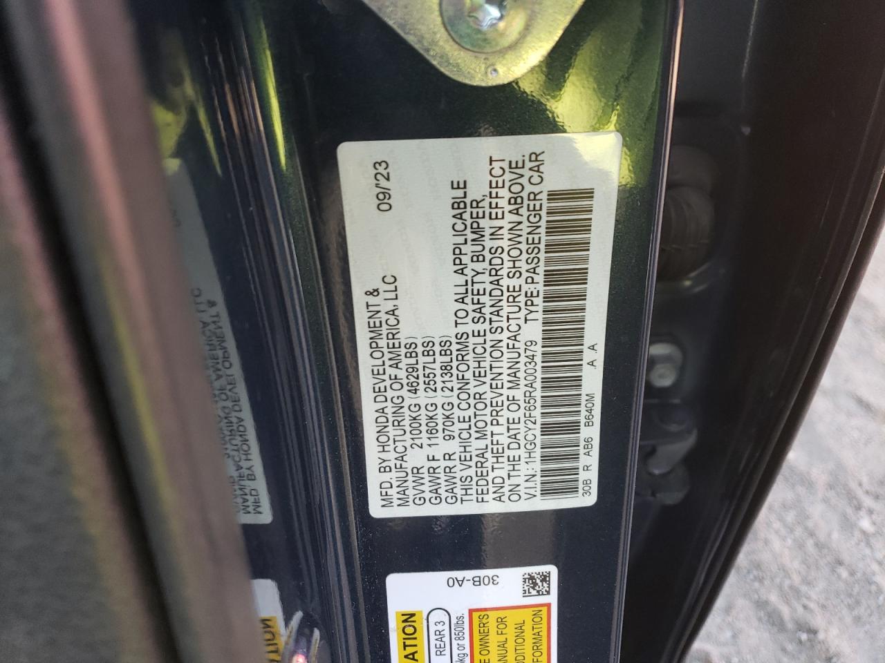 2024 Honda Accord VIN 1HGCY2F65RA003479 Copart auction photo, front end / minor dent/scratches damage thumbnail 12