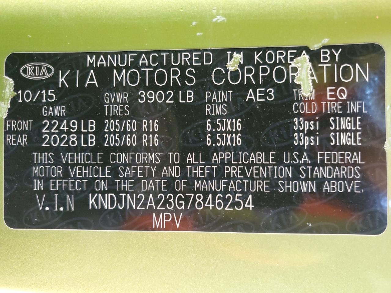 2016 KIA Soul VIN KNDJN2A23G7846254 Copart auction photo, vandalism damage thumbnail 14