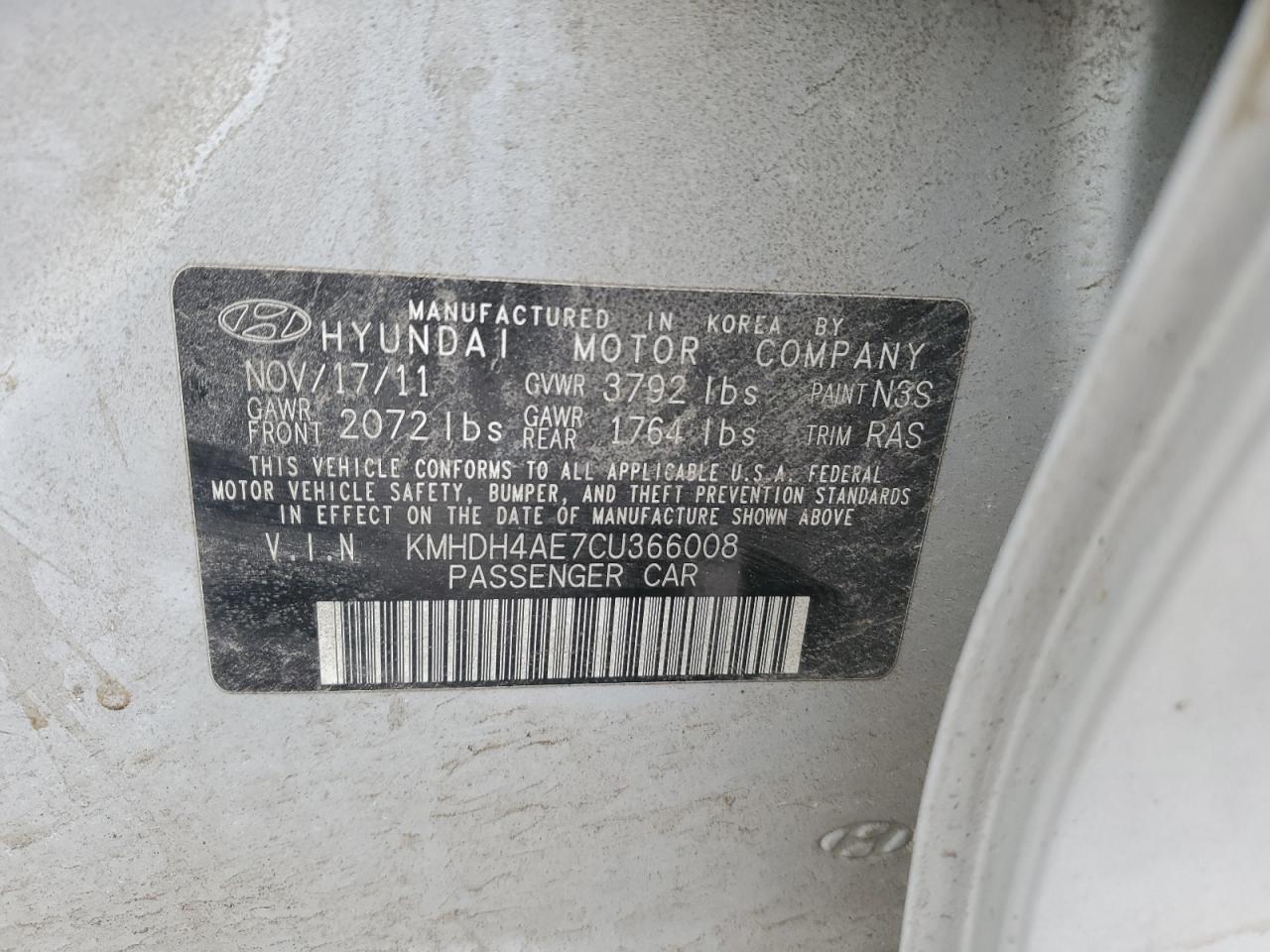 2012 Hyundai Elantra VIN KMHDH4AE7CU366008 Copart auction photo, front end / side damage thumbnail 14