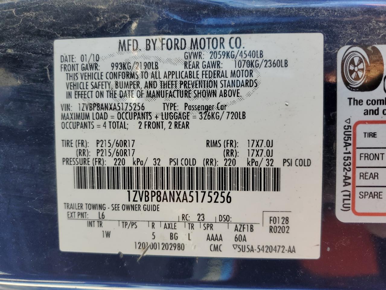 2010 Ford Mustang VIN 1ZVBP8ANXA5175256 Copart auction photo, rear end damage thumbnail 12