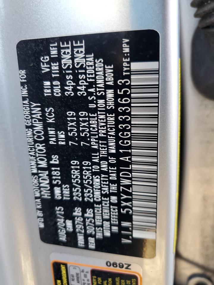 2016 Hyundai Santa Fe VIN 5XYZWDLA1GG333653 Copart auction photo, all over / minor dent/scratches damage thumbnail 13