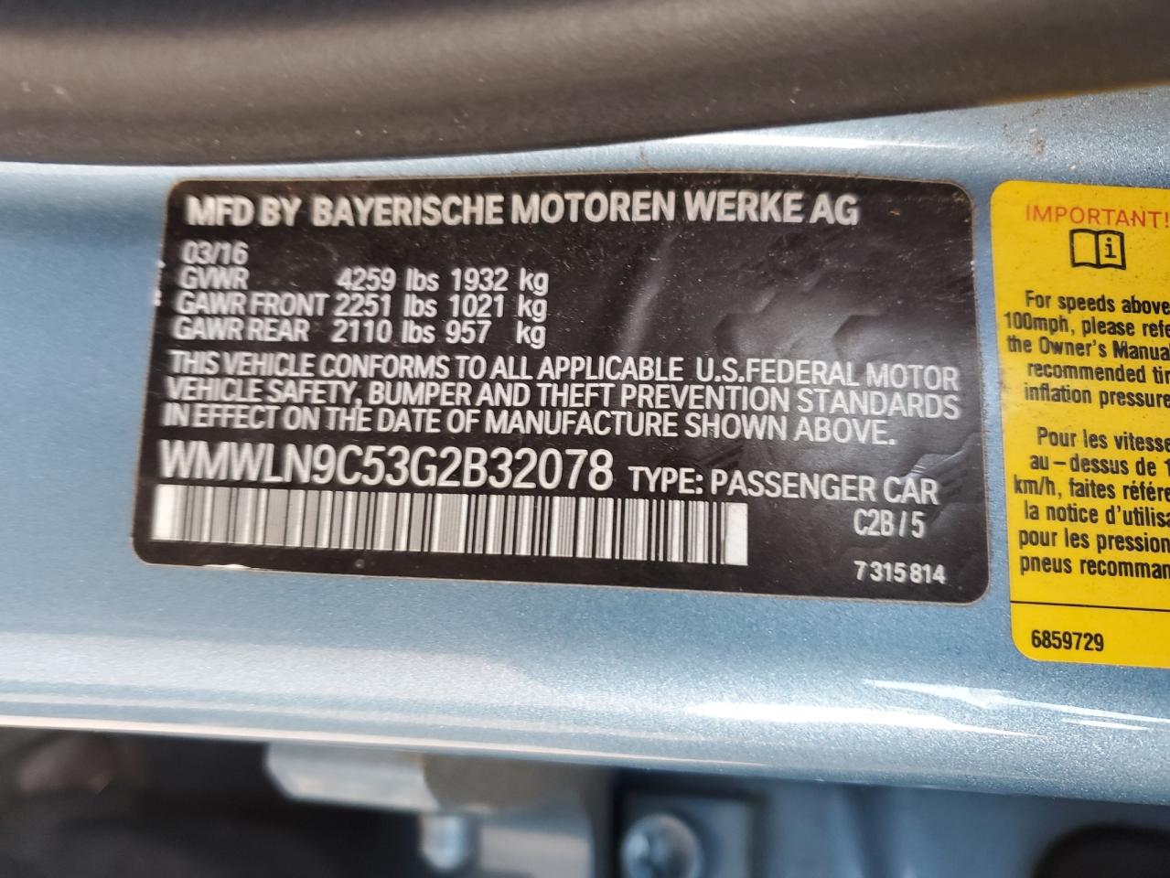 2016 MINI Cooper VIN WMWLN9C53G2B32078 Copart auction photo, front end / side damage thumbnail 12