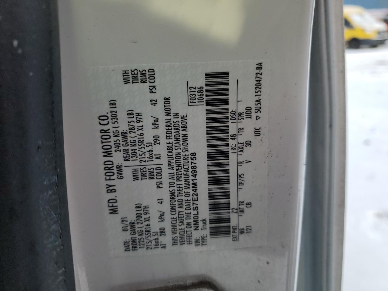 2021 Ford Transit VIN NM0LS7E24M1498758 Copart auction photo, rear end damage thumbnail 13