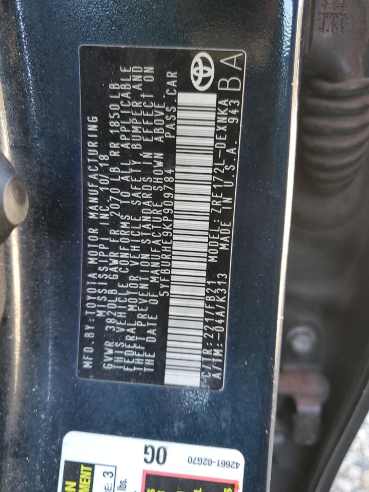 2019 Toyota Corolla VIN 5YFBURHE9KP909784 Copart auction photo, front end damage thumbnail 15