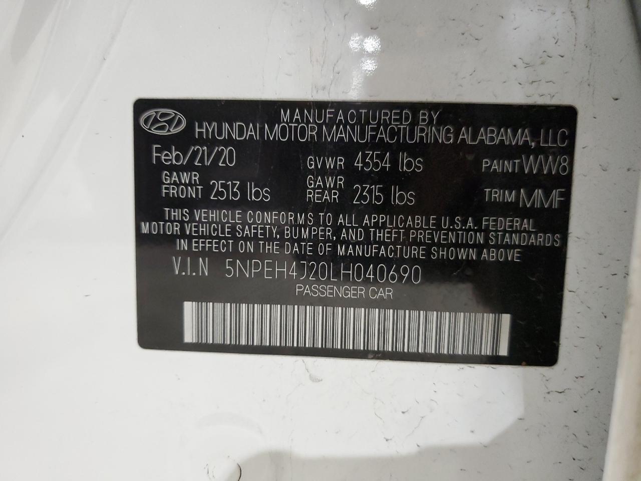 2020 Hyundai Sonata VIN 5NPEH4J20LH040690 Copart auction photo, front end damage thumbnail 14