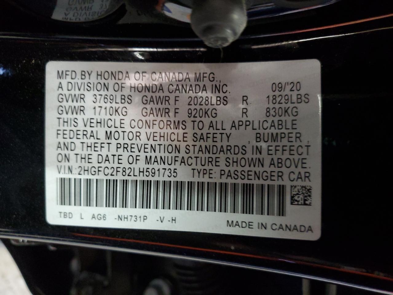 2020 Honda Civic VIN 2HGFC2F82LH591735 Copart auction photo, rear end / front end damage thumbnail 12