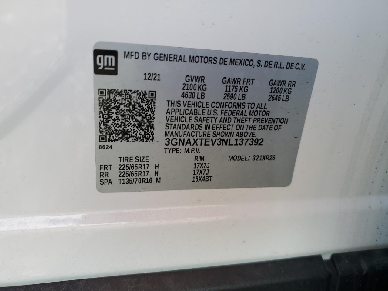 2022 Chevrolet Equinox VIN 3GNAXTEV3NL137392 Copart auction photo, front end damage thumbnail 16
