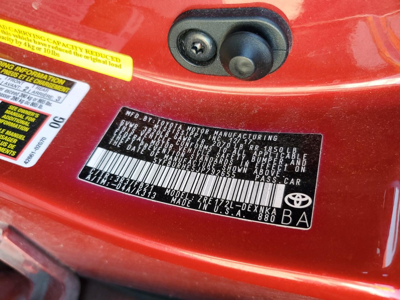 2018 Toyota Corolla VIN 5YFBURHE5JP792655 Copart auction photo, side / rear end damage thumbnail 12