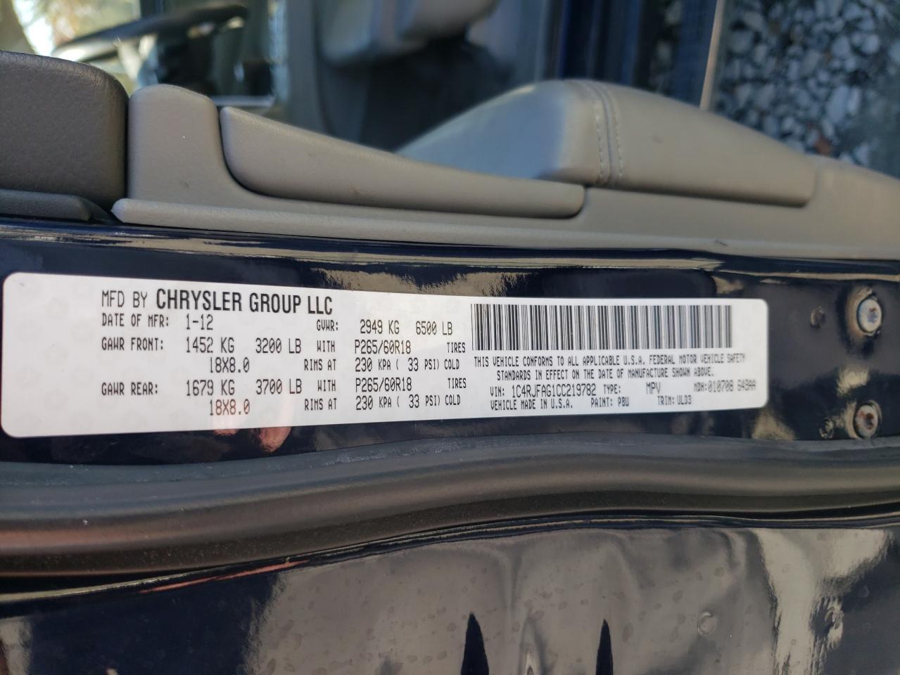 2012 Jeep Grand Cherokee VIN 1C4RJFAG1CC219782 Copart auction photo, frame damage / front end damage thumbnail 13