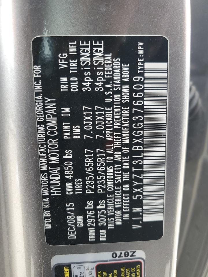 2016 Hyundai Santa Fe VIN 5XYZT3LBXGG376609 Copart auction photo, front end damage thumbnail 13