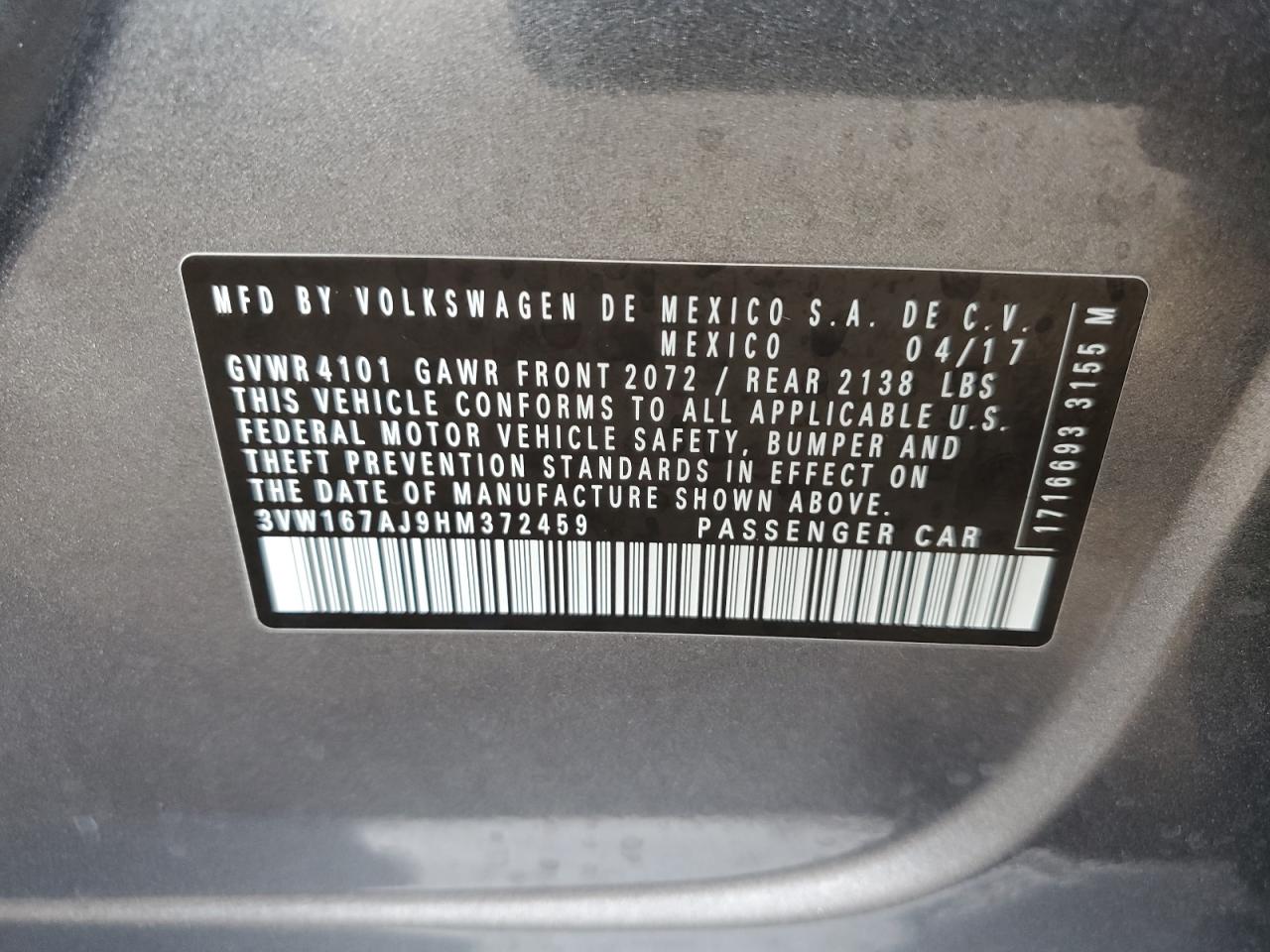 2017 Volkswagen Jetta VIN 3VW167AJ9HM372459 Copart auction photo, front end / side damage thumbnail 14