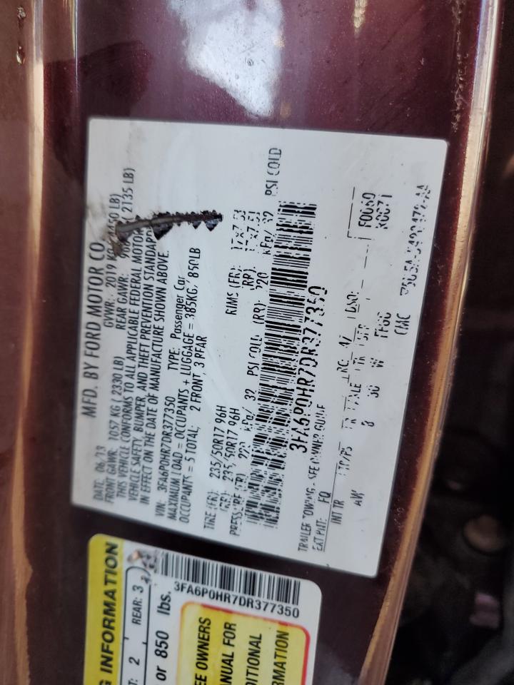 2013 Ford Fusion VIN 3FA6P0HR7DR377350 Copart auction photo, burn / missing/altered vin damage thumbnail 13