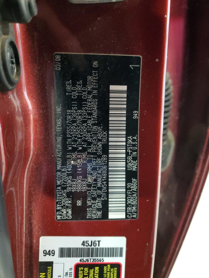 2008 Toyota Tundra VIN 5TFDV54148X061289 Copart auction photo, mechanical damage thumbnail 12
