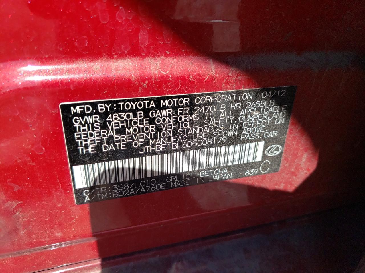 2013 Lexus GS VIN JTHBE1BL6D5008179 Copart auction photo, front end damage thumbnail 14