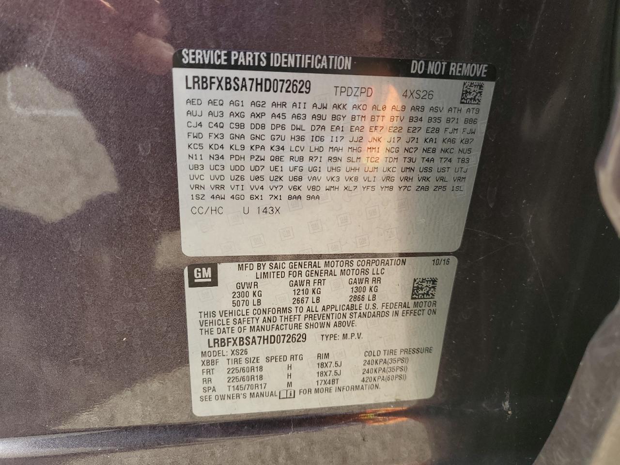 2017 Buick Envision VIN LRBFXBSA7HD072629 Copart auction photo, front end damage thumbnail 13