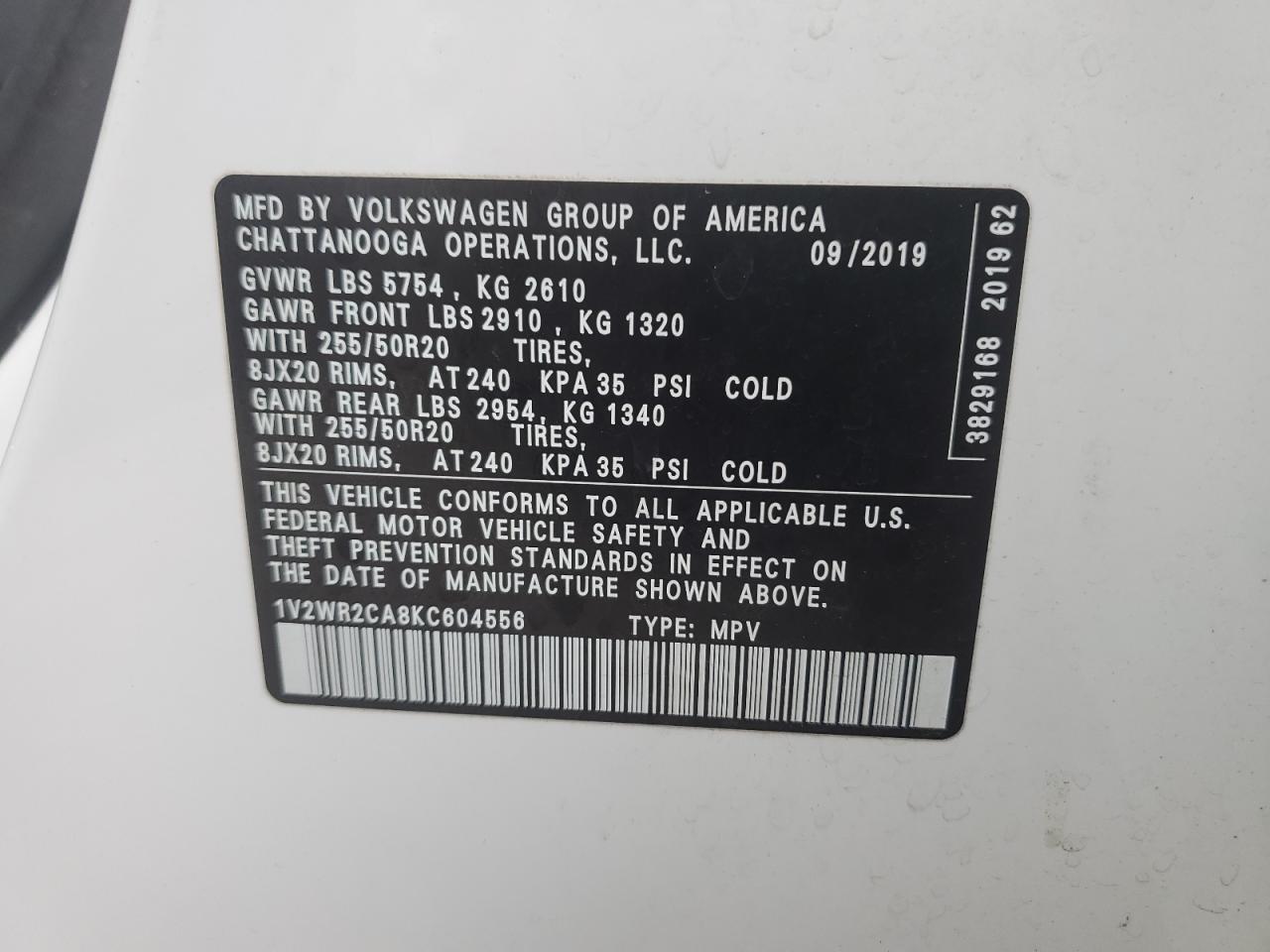 2019 Volkswagen Atlas VIN 1V2WR2CA8KC604556 Copart auction photo, front end / minor dent/scratches damage thumbnail 16